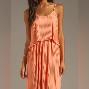 Lovers + Friends Long Orange Pleated California Girl Dress in Coral